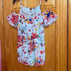 GIRLS TURQUOISE OFF-THE-SHOULDER FLORAL ROMPER